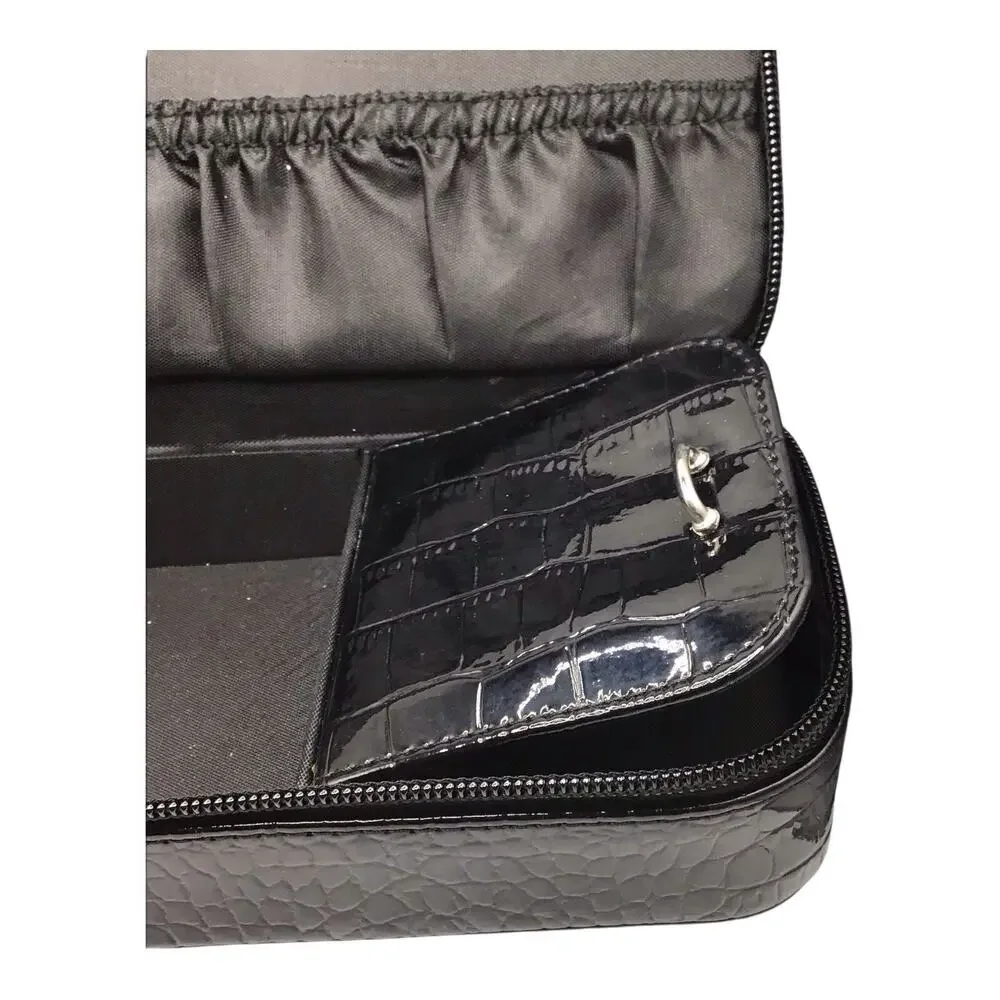 Liz Claiborne Black Faux Snakeskin Travel Jewelry Case Zipper Organizer